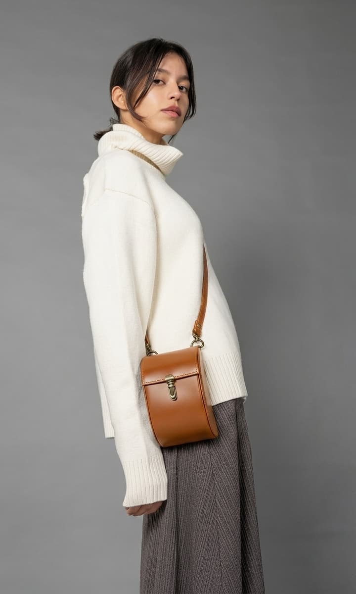 Grace compact caramel leather handbag with rounded silhouette