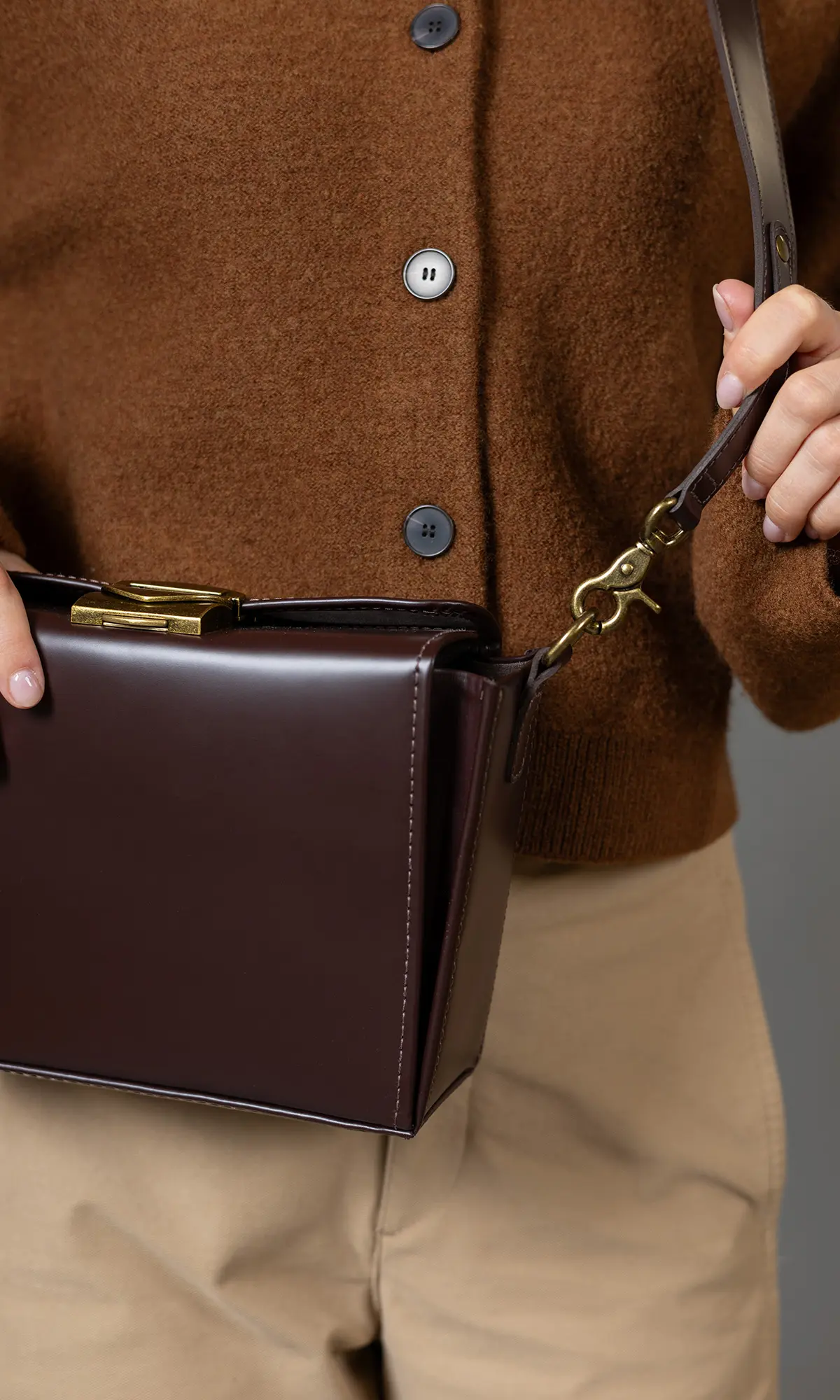 Ishie Box brown leather handbag with uncluttered silhouette